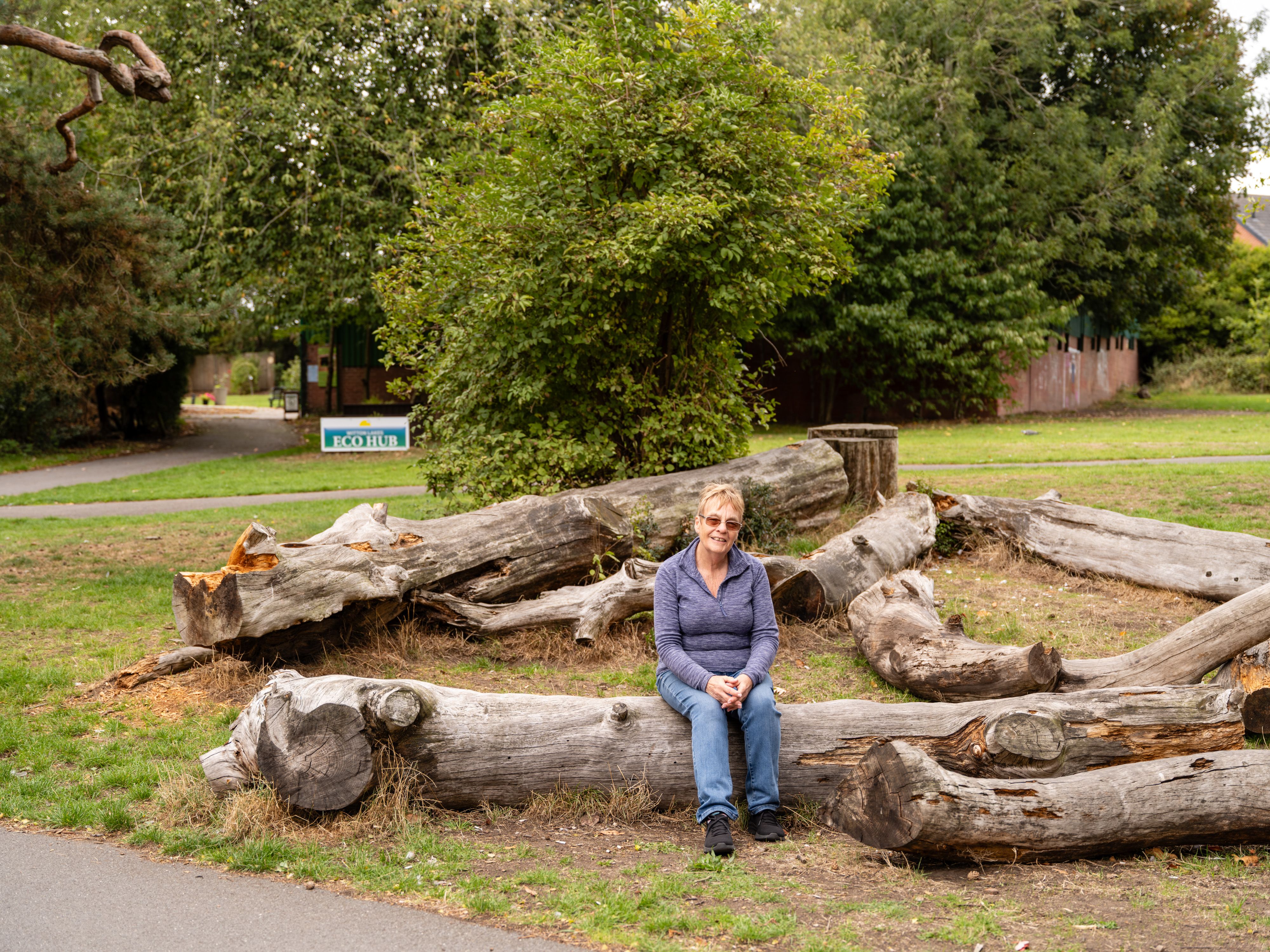 UCL Visit - Linda Hines MBE sat outside Witton Lakes Eco Hub